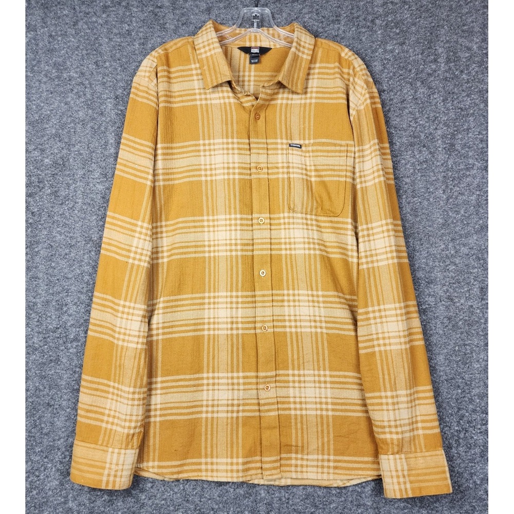 Vision Street Wear Flannel Shirt Mens XL Mustard Yellow Plaid Herringbone Cotton